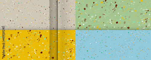 Set seamless terrazzo patterns. Pattern for ceramics marble natural stone. Vector stock illustration textured shapes in vibrant colors