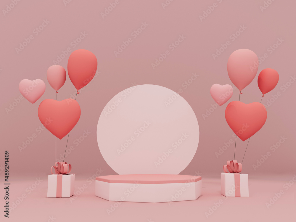 Happy valentines day podium display decoration with heart shape balloon. 3D render
