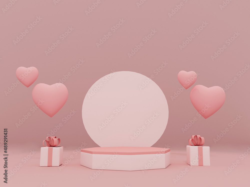 Happy valentines day podium display decoration with heart shape balloon. 3D render
