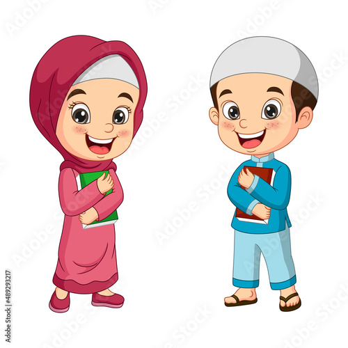 Cartoon muslim kids holding Quran book