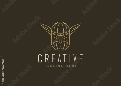 Simple Valkyrie Logo Design Template. Cute Valkyrie Icon Line Art Vector