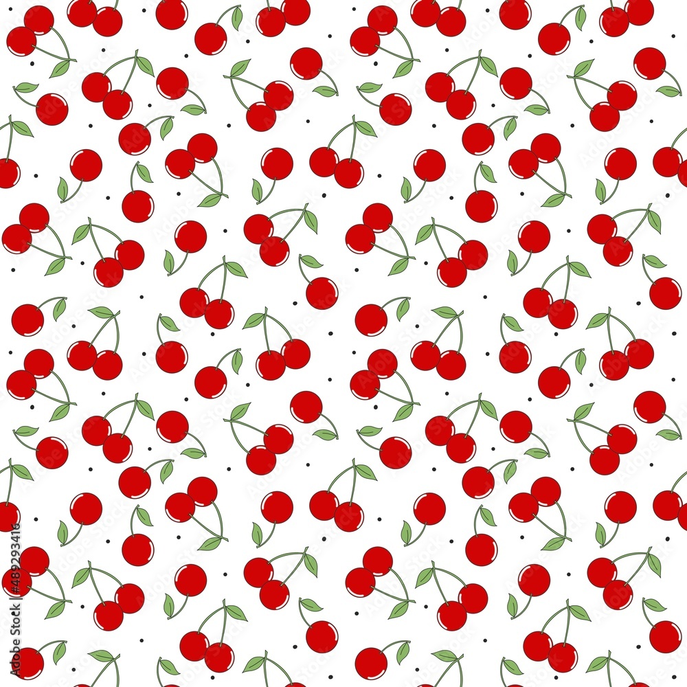 Red cherry berry with green leaf isolated on white background. Seamless pattern. Red cherry berry with green leaf isolated on white background. Seamless pattern.