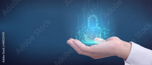 Double exposure of set up a network connection using Shield Guard. The padlock of personal data security, the Internet security business, and the concept of a network security system