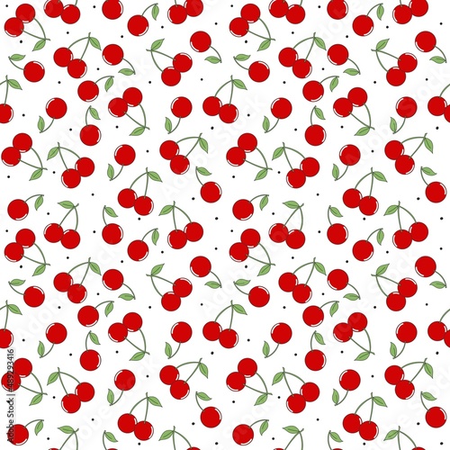 Red cherry berry with green leaf isolated on white background. Seamless pattern.