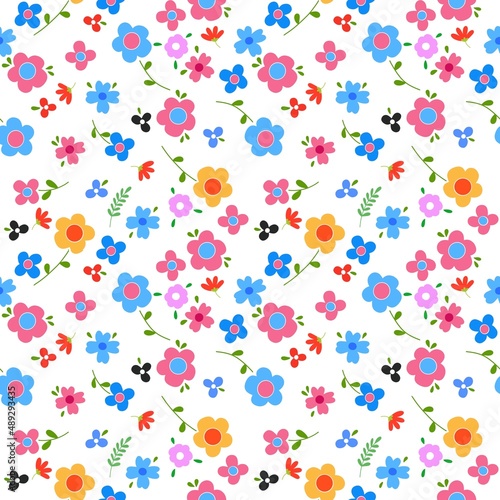 Seamless Pattern of Hand Drawn Flowers on White Background