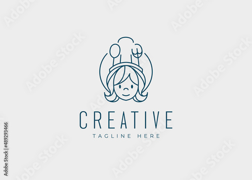 Mommy Chef Logo Design Template. Kitchen Mom Icon Line Art Vector