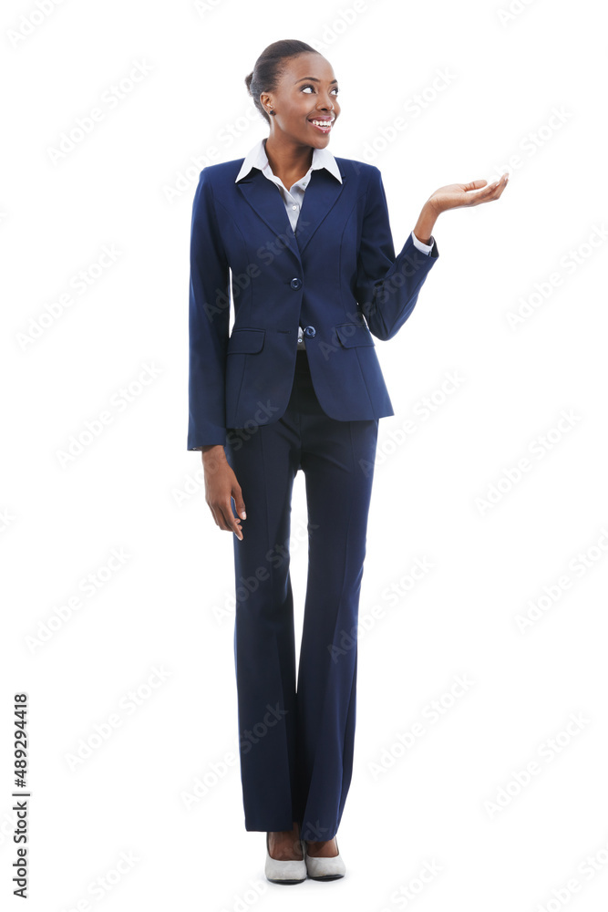 Supporting your corporate message. A beautiful young african american businesswoman supporting copyspace isolated on white.