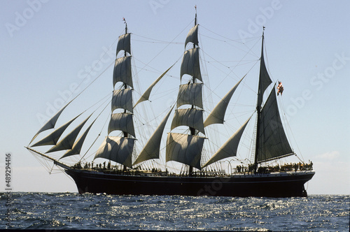 Port side of the tall ship Star Of India as it sails downwind off the coast of San Diego, California
