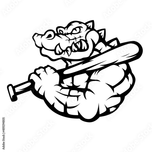 Crocodile carrying a baseball stick mascot logo silhouette version