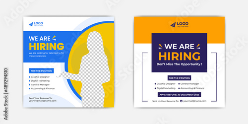 We are hiring job position square banner or social media post. Vacancy banner design finds a job. 