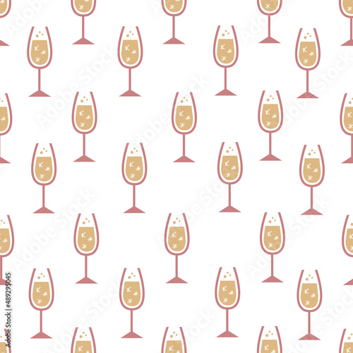 Champagne glass with bublles and splashes. Hand drawn isolated vector seamless pattern. Alcohol drink in engraved style.