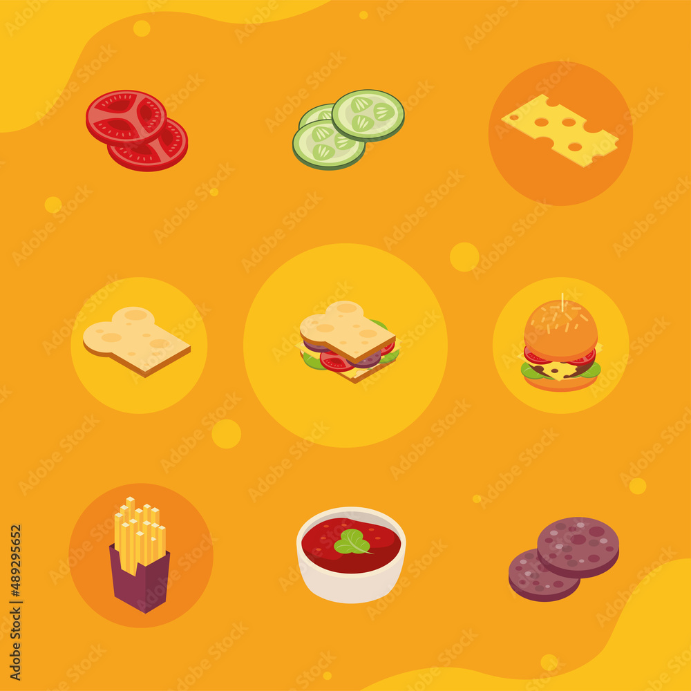 nine isometric fast food icons