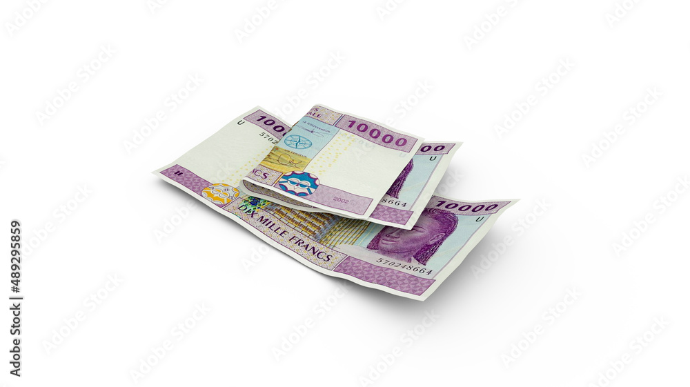 3D rendering of Double 10000 Central African CFA franc notes isolated on white background 3D rendering of Double 10000 Central African CFA franc notes isolated on white background