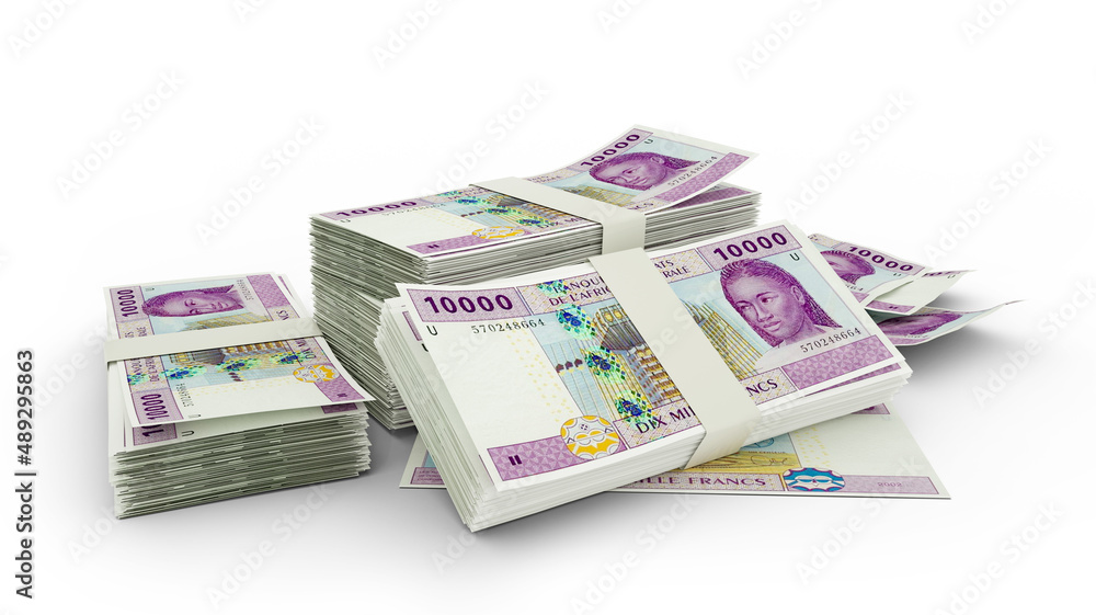 3d rendering of Stack of 10000 Central African CFA franc notes. bundles of Central African currency notes isolated on white background 3d rendering of Stack of 10000 Central African CFA franc notes. bundles of Central African currency notes isolated on white background
