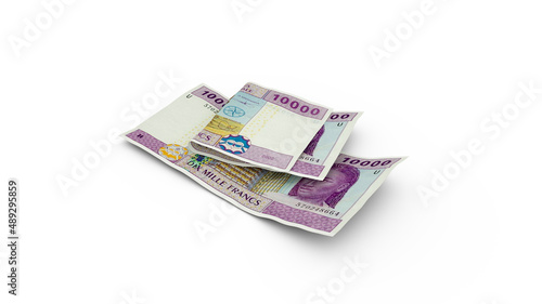 3D rendering of Double 10000 Central African CFA franc notes isolated on white background