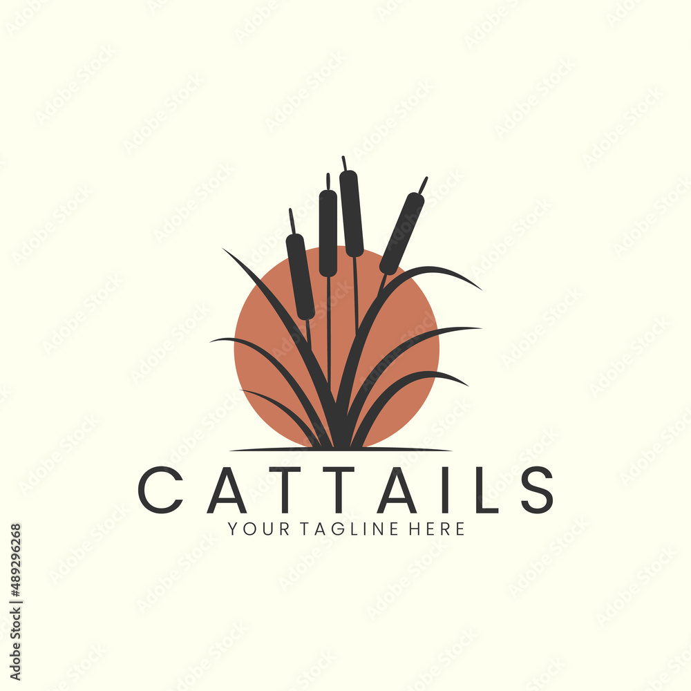 cattails plant logo icon template design. nature ,sun, reed, grass, river with silhouette vector illustration