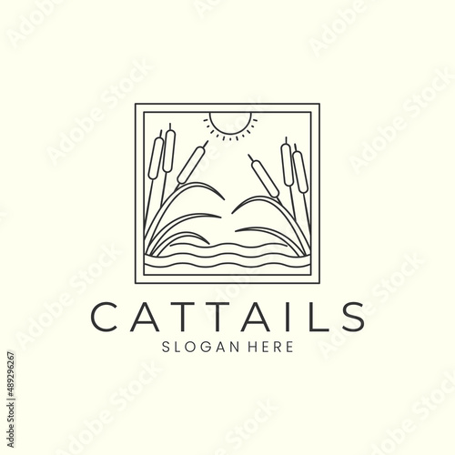 cattails plant with line and emblem style logo icon template design. nature ,sun, reed, grass, river vector illustration