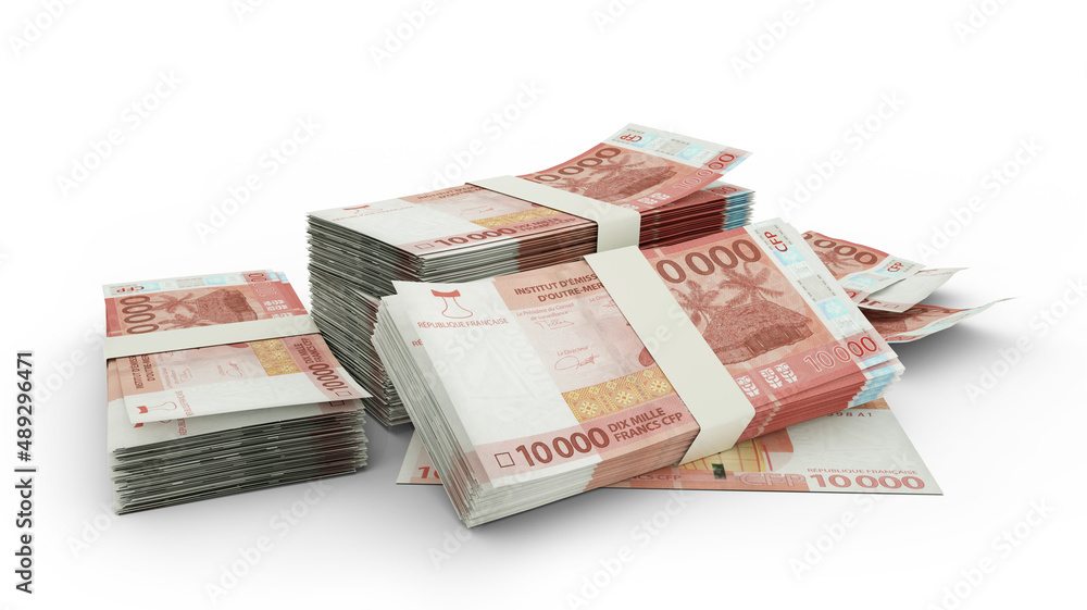 3D Stack of CFP franc notes isolated on white background 3D Stack of CFP franc notes isolated on white background