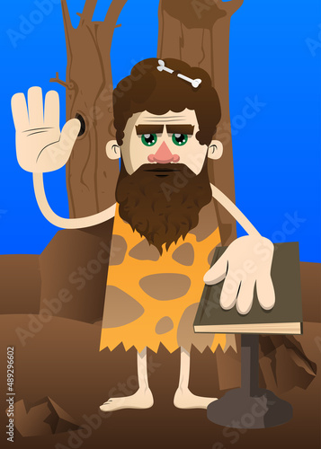 Cartoon prehistoric man raising his hand and put the other on a holy book. Vector illustration of a man from the stone age.