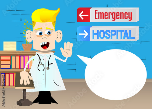 Funny cartoon doctor raising his hand and put the other on a holy book. Vector illustration.