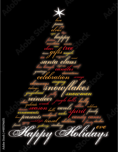 merry christmas and other words in red that make an abstract christmas tree