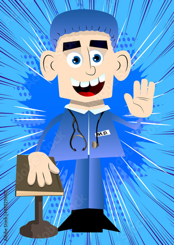 Funny cartoon doctor raising his hand and put the other on a holy book. Vector illustration.