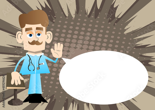 Funny cartoon doctor raising his hand and put the other on a holy book. Vector illustration.