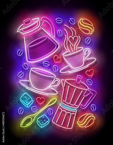 Glow Cups with Different Coffee. Cafe Label. Cappuccino, Espresso, Americano, Drink To Go. Neon Poster, Flyer, Banner, Invitation. Glossy Background. Vector 3d Illustration