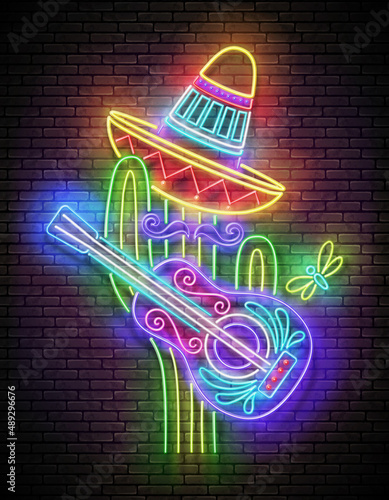 Glow Mexican cactus in sombrero with guitar. Cute singer, mariachi. Shiny Neon Poster, Flyer, Banner, Postcard, Invitation. Brick Wall. Vector 3d Illustration.