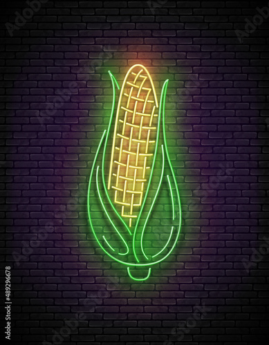 Glow single ear of sweetcorn with green leaves.  Fresh corn, maize. Neon Light Poster, Flyer, Banner, Signboard. Brick Wall. Vector 3d Illustration 