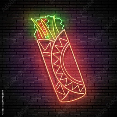 Glow Mexican chimichanga. Traditional ethnic food, appetizer. Neon Light Poster, Flyer, Banner, Signboard. Brick Wall. Vector 3d Illustration