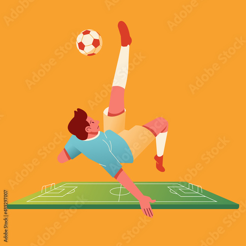 a soccer player kicks the ball in a somersault, soccer field look small in the background