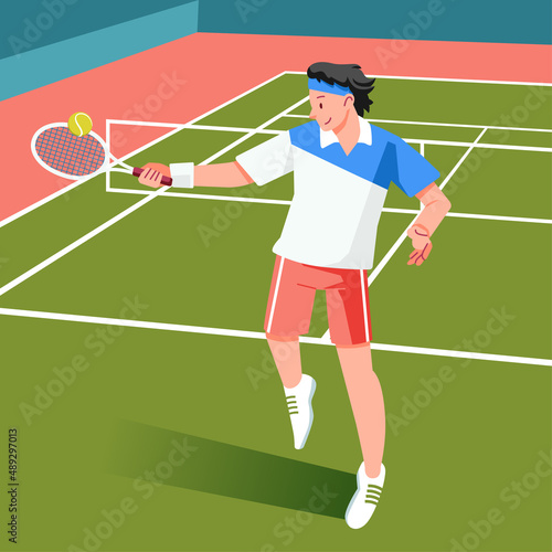 a tennis player is preparing to hit a tennis ball in a match in the green tennis court vector illustration © yisar