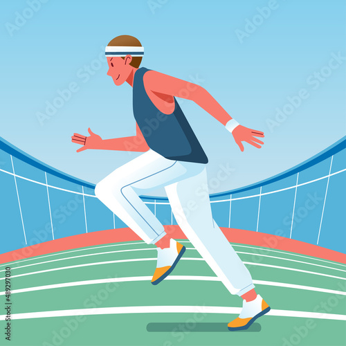 a young athlete is practicing running in the stadium flat vector illustration