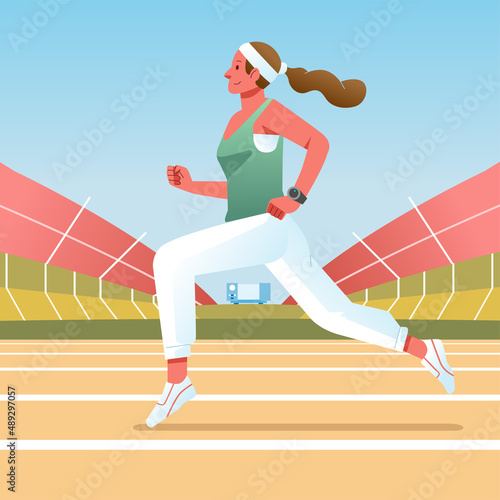 a young female athlete running inside the stadium, wearing casual outfit flat vector illustration