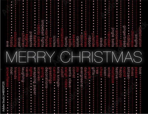 Merry Christmas words glowing on a black background and other holiday words