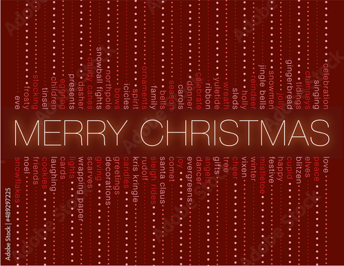 Merry Christmas words glowing on a red background and other holiday words