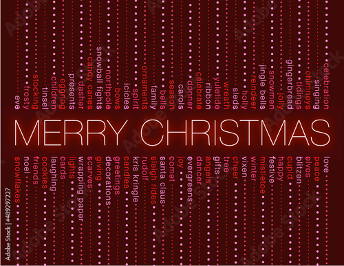 Merry Christmas words glowing on a red background and other holiday words