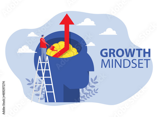 businessman Watering brain on big human arrow growth mindset concept vector