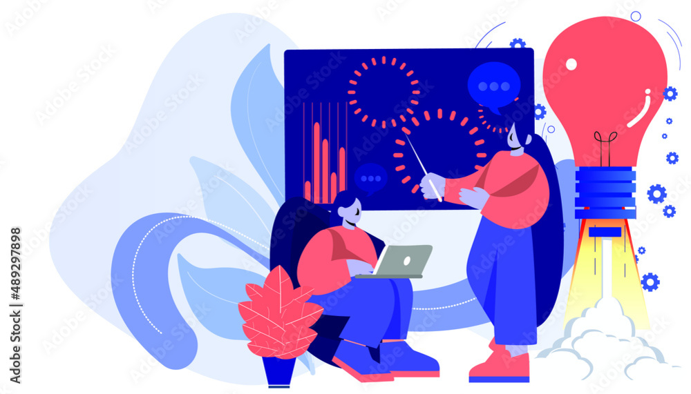 Obraz premium Vector flat illustration.businessperson work in open space office.workplace for teamwork.meeting and freelance job. 