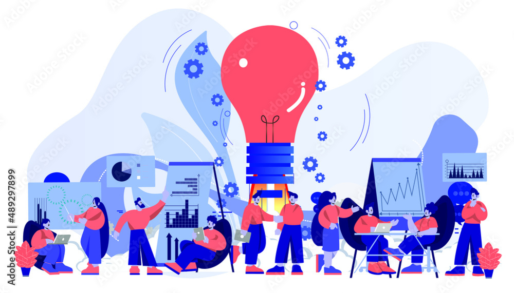 Obraz premium Vector flat illustration.businessperson work in open space office.workplace for teamwork.meeting and freelance job. 