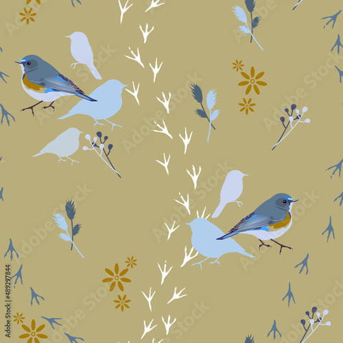 Seamless animal pattern with silhouetted birds, floral motifs and bird tracks. Robin or redbreast.