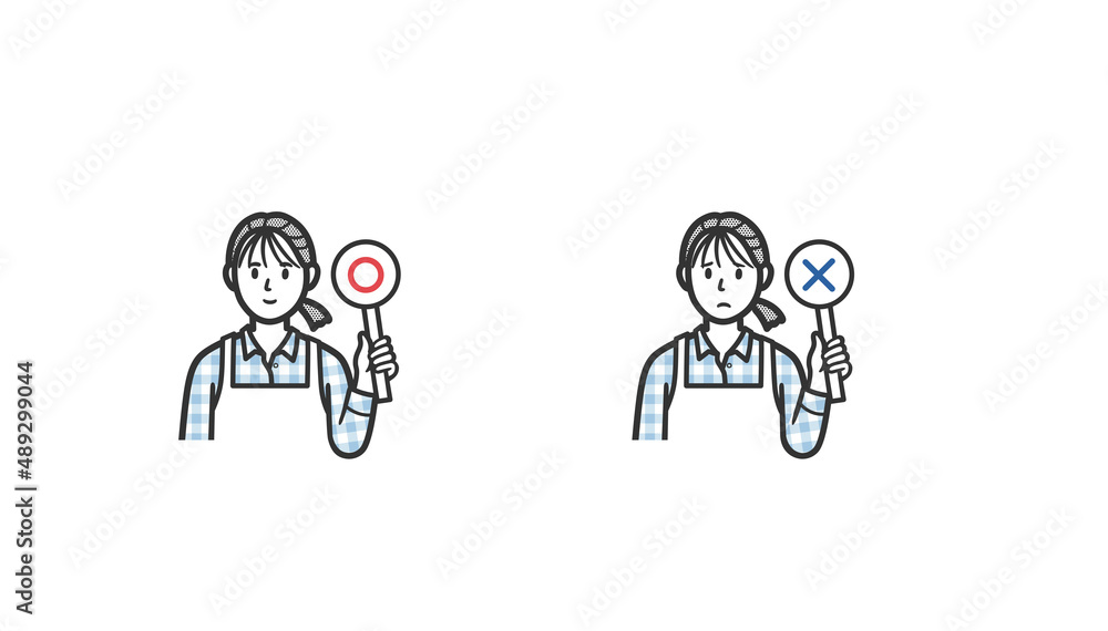 まるとバツの札を上げる主婦のイラストセット まるとバツの札を上げる主婦のイラストセット