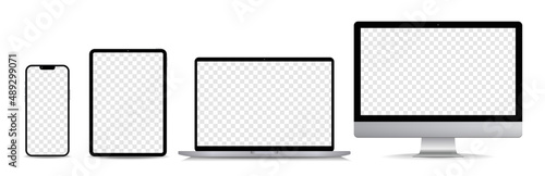 Device screen mockup set. Modern laptop, smartphone, tablet, computer monitor vector on white background.
