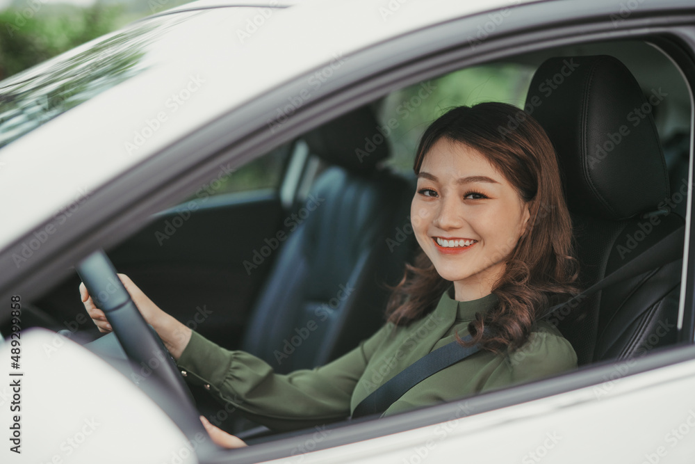 People enjoy laughing transport and relaxed happy woman on road trip vacation concept People enjoy laughing transport and relaxed happy woman on road trip vacation concept
