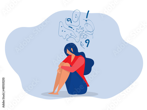 woman suffers from obsessive thoughts; headache; unresolved issues; psychological trauma; depression.Mental stress panic mind disorder illustration Flat vector illustration.