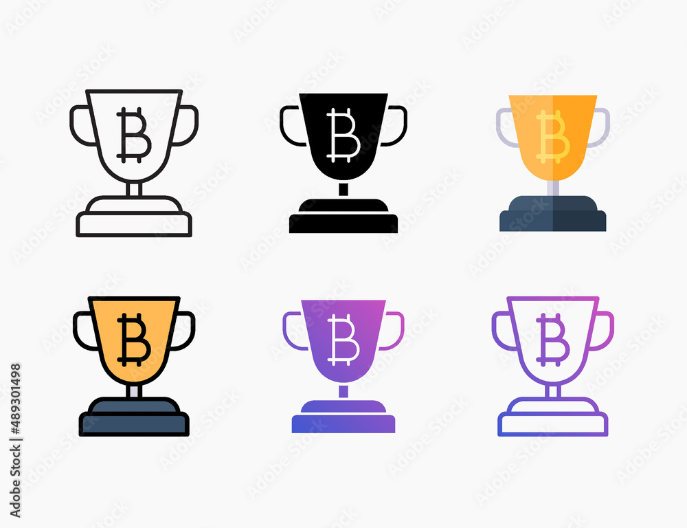 Trophy bitcoin icon set with different styles. Style line, outline, flat, glyph, color, gradient. Editable stroke and pixel perfect.