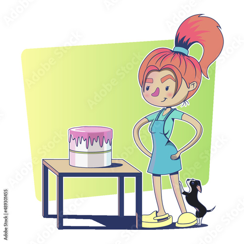 girl cooking with a dog 