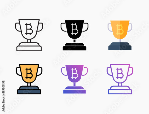Trophy bitcoin icon set with different styles. Style line, outline, flat, glyph, color, gradient. Editable stroke and pixel perfect.