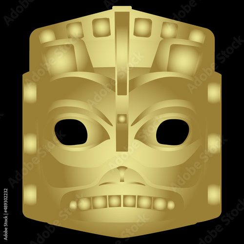 Native American ethnic mask of Haida Indians. Golden glossy monochrome silhouette on black background.